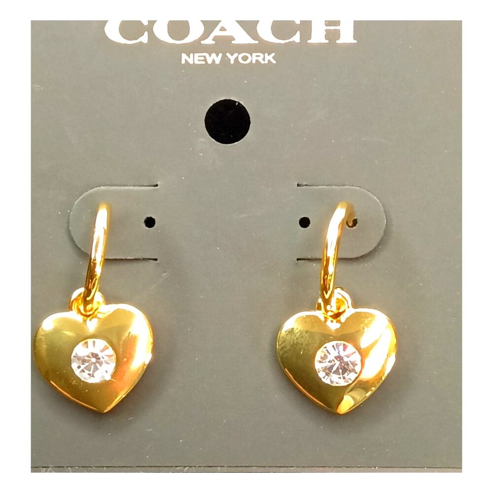 Coach Signature Heart Drop Huggie Earrings Gold Tone NWT on Card w/ Dust Pouch